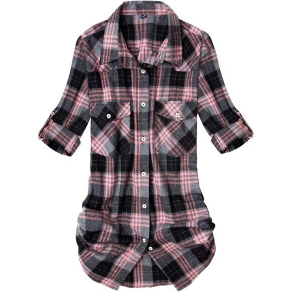 Womens Flannel Shirt Long Sleeve Plaid Shacket Soft Casual - Picture 1 of 7
